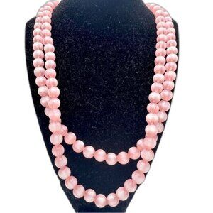 Vintage Pink Cats Eye Beaded Double Strand Necklace 24 Inch 9 mm